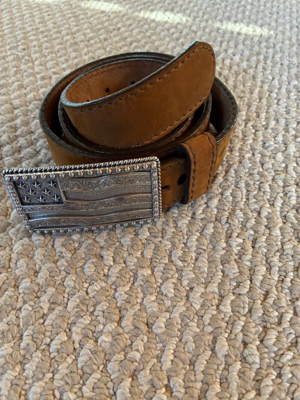 JUSTIN Leather Belt Mens 38 Brown USA Flag Buckle Western Cowboy